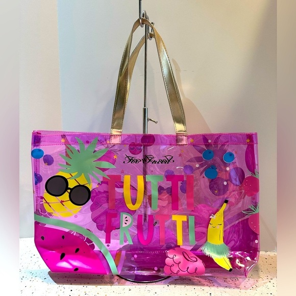 Too Faced Tutti Frutti Large Plastic Tote Bag Fruit Print Clear Pink - Picture 2 of 5